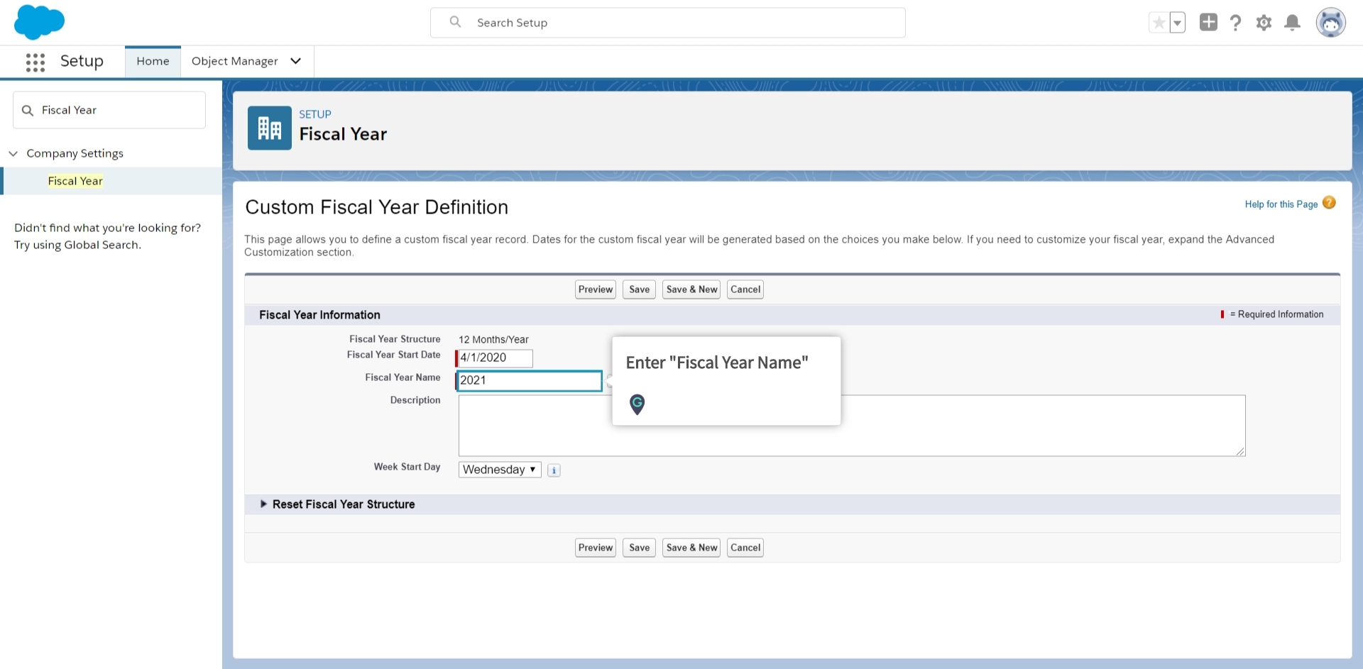 How to set custom Fiscal Year for the organization in Salesforce