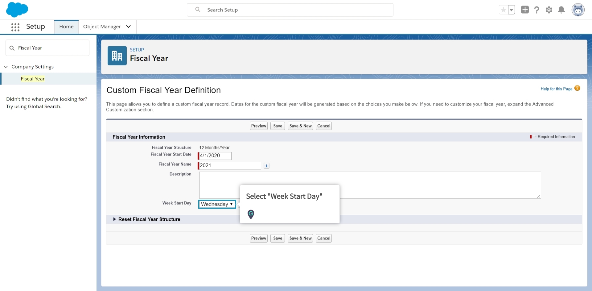 How to set custom Fiscal Year for the organization in Salesforce