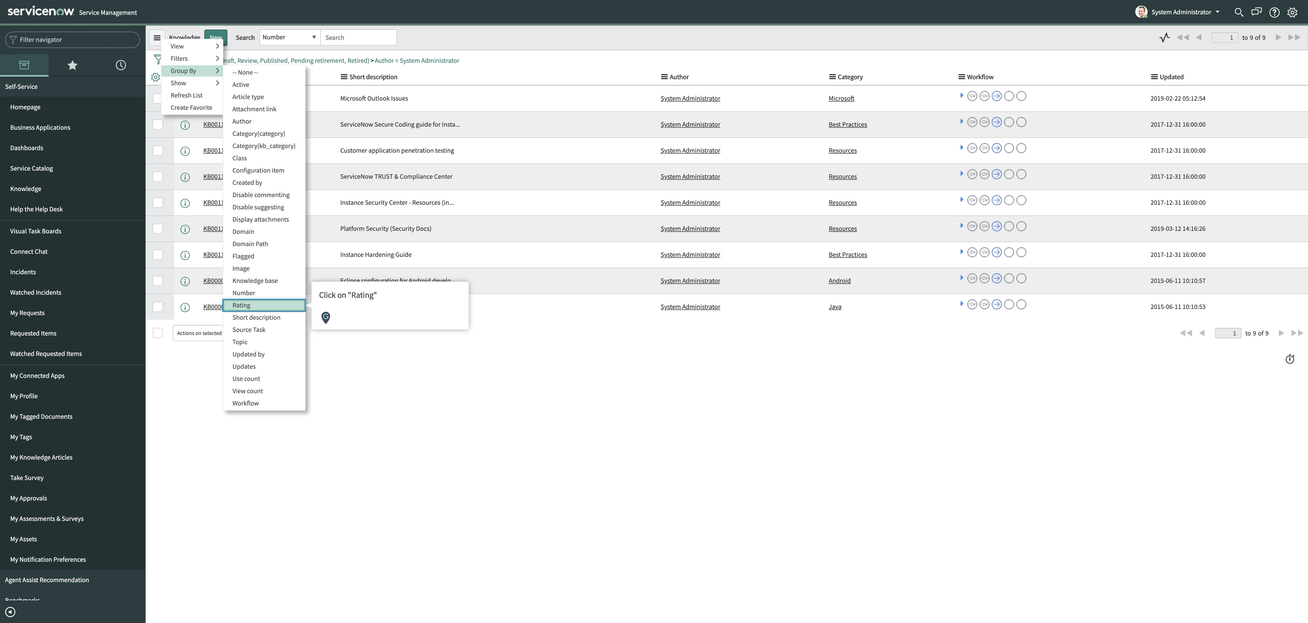 knowledge article review servicenow