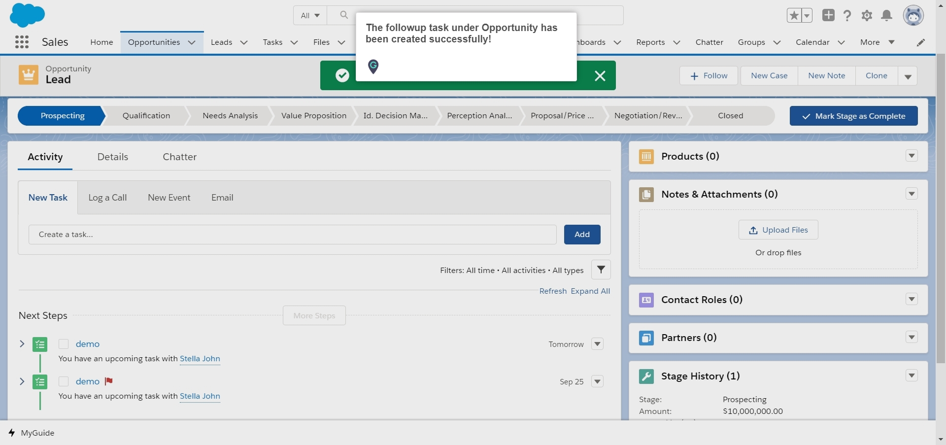 How to create a follow-up Task under Opportunities in Salesforce Lightning  | A Guide by MyGuide
