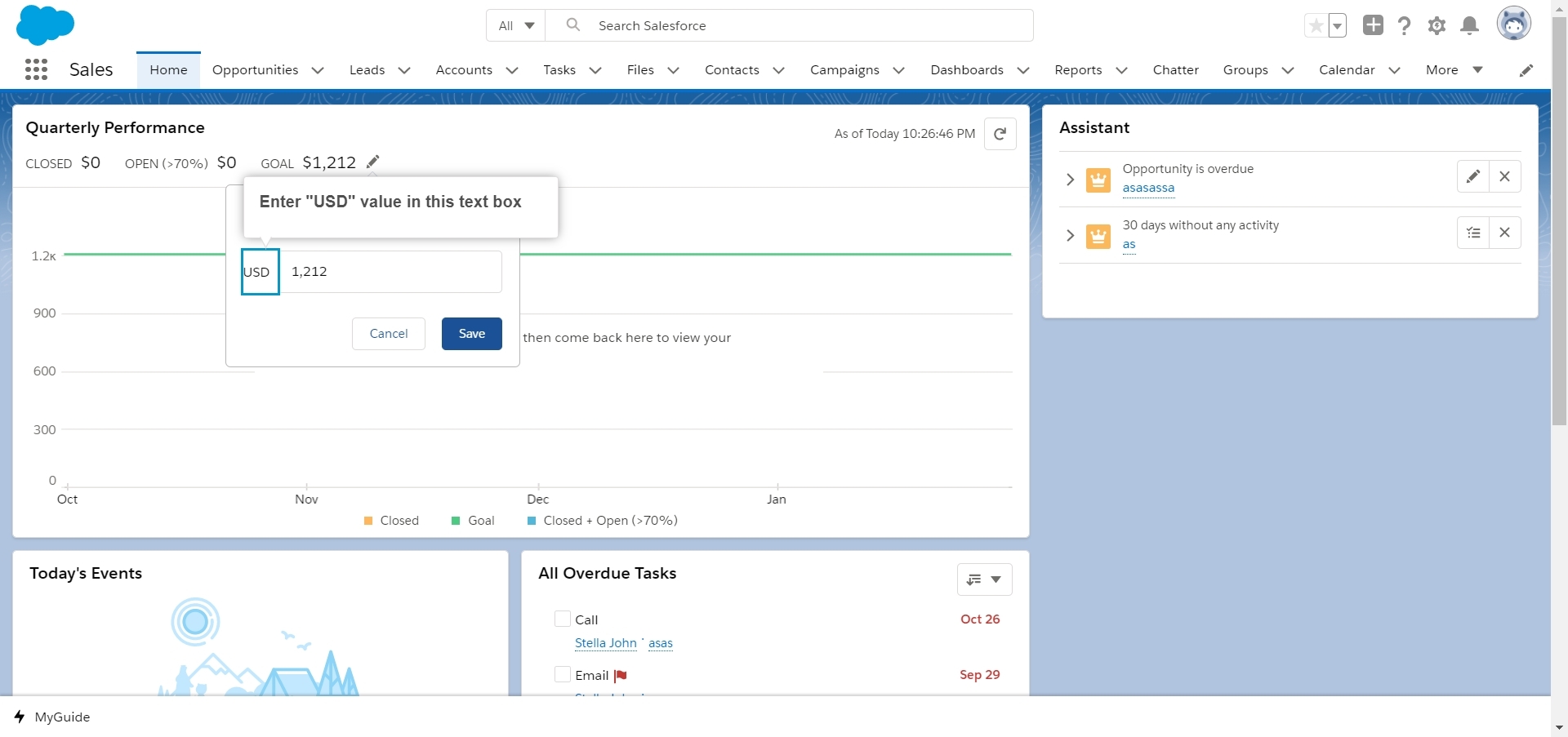 How to edit Quarterly Performance Goal on Home Page in Salesforce