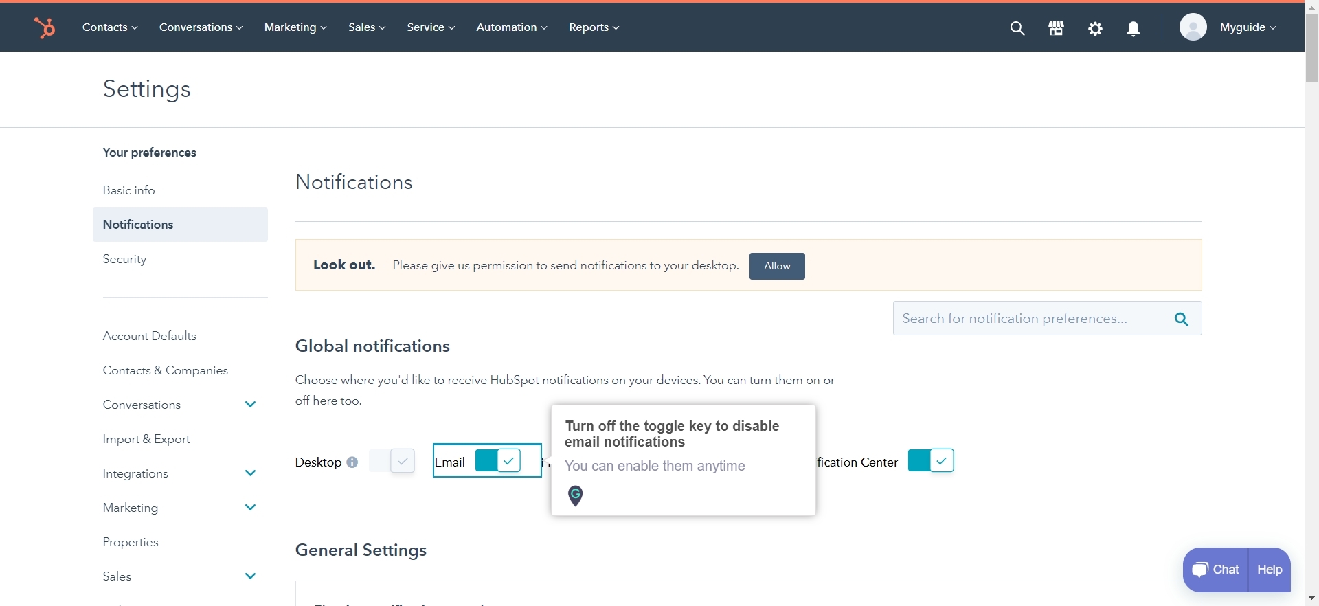 How to turn off email notifications on HubSpot | A Guide by MyGuide
