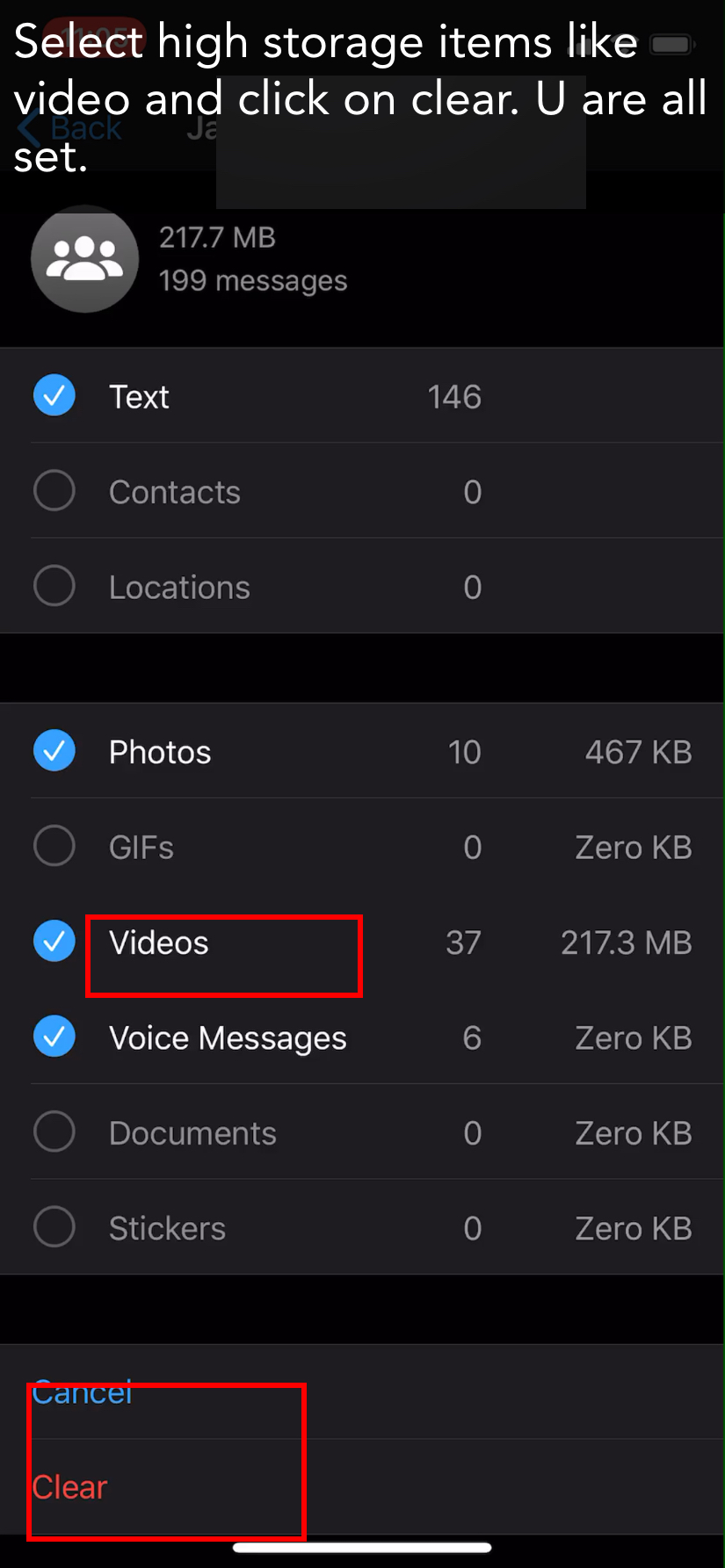 How to check and delete storage on whatsapp mobile app using iPhone A